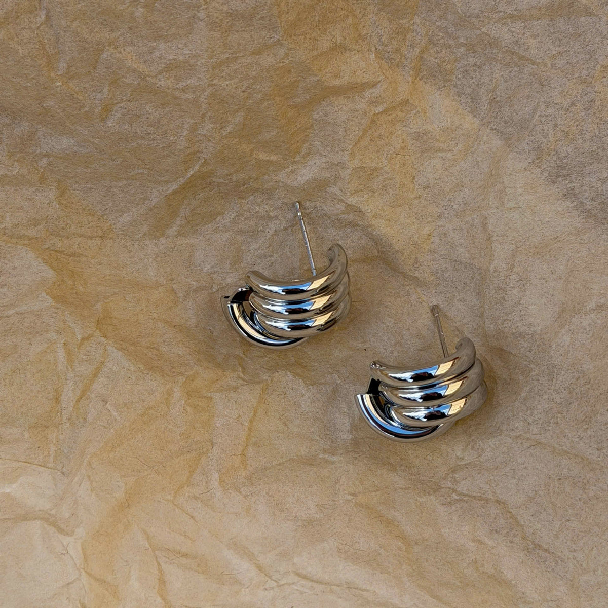 Chunky Ribbed Stud Earrings, Gold Silver Layered Earrings