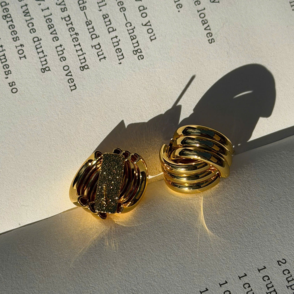 Chunky Ribbed Stud Earrings, Gold Silver Layered Earrings