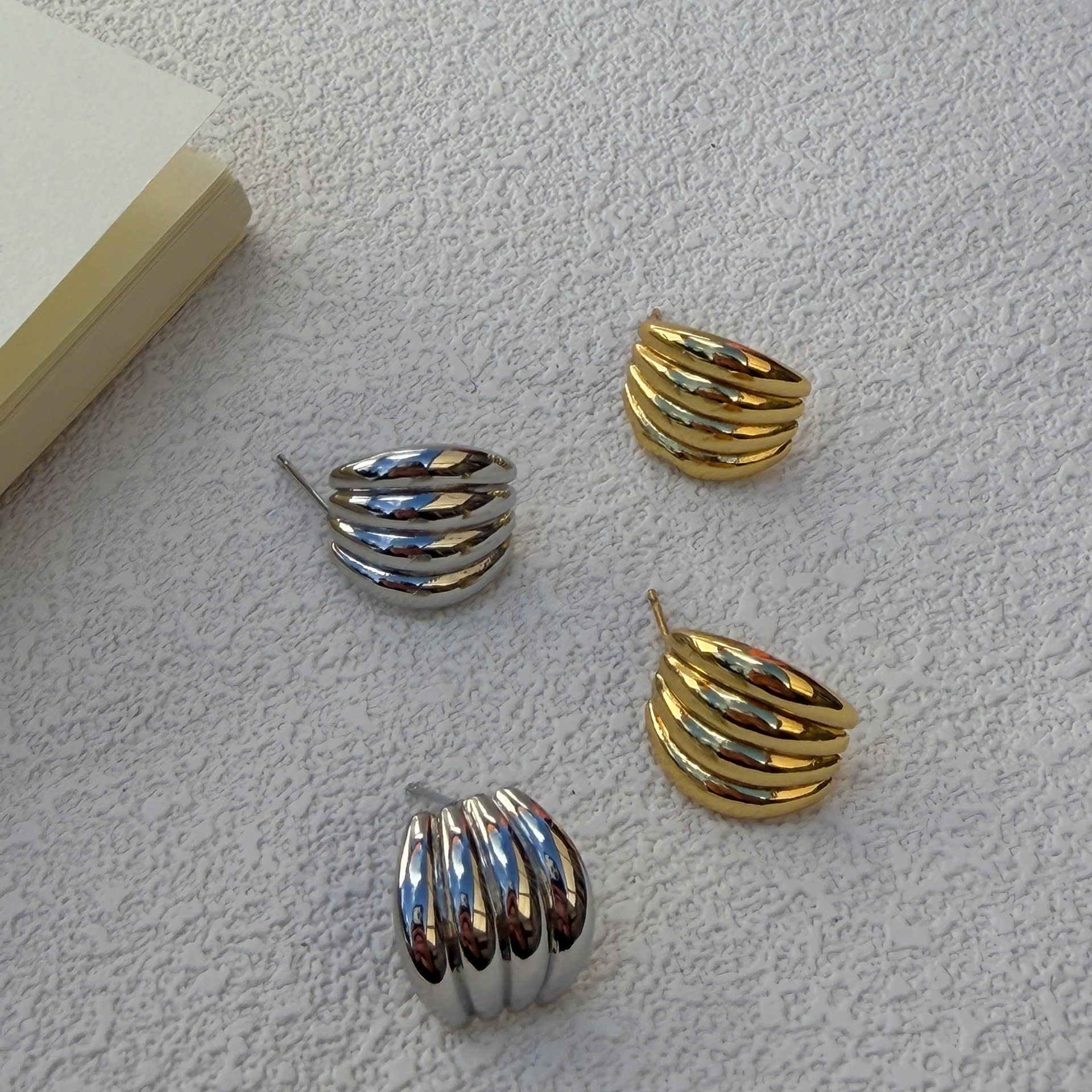 Chunky Ribbed Stud Earrings, Gold Silver Dome Earrings