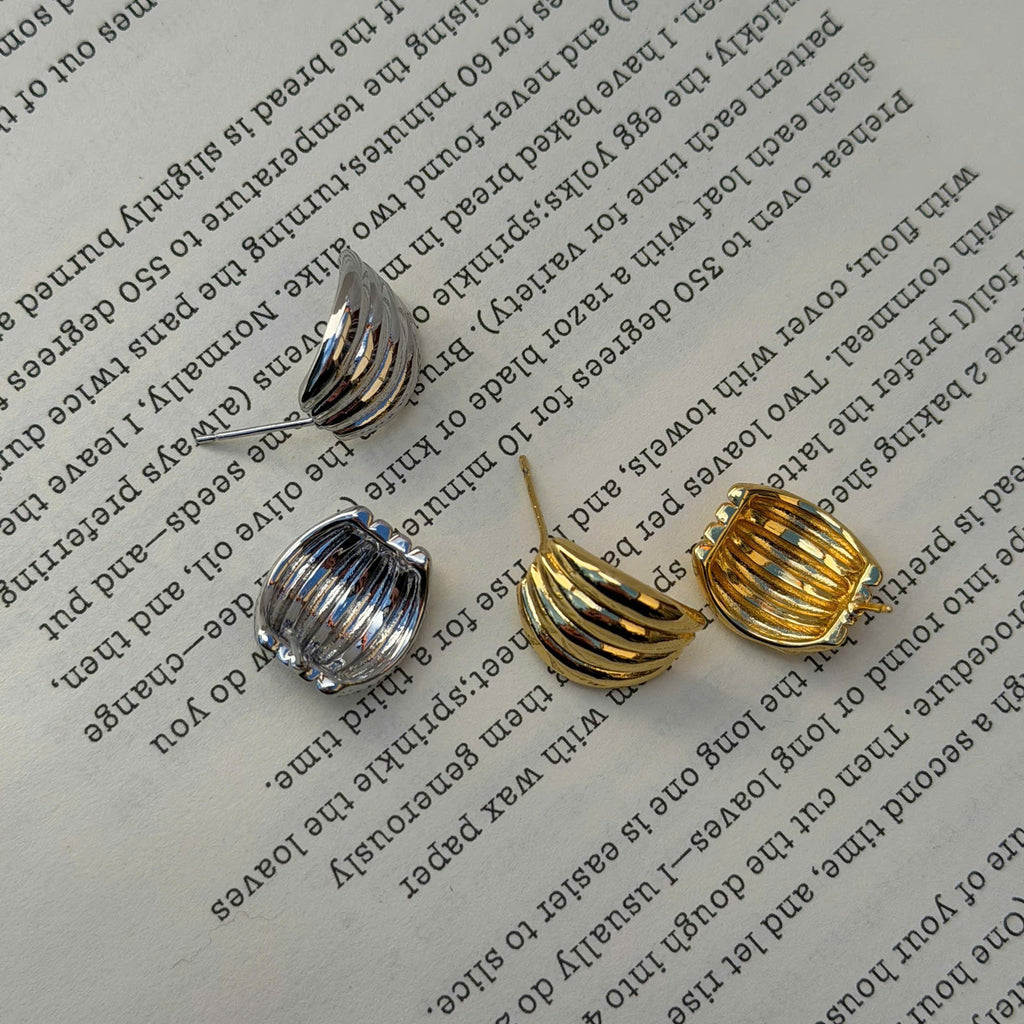 Chunky Ribbed Stud Earrings, Gold Silver Dome Earrings