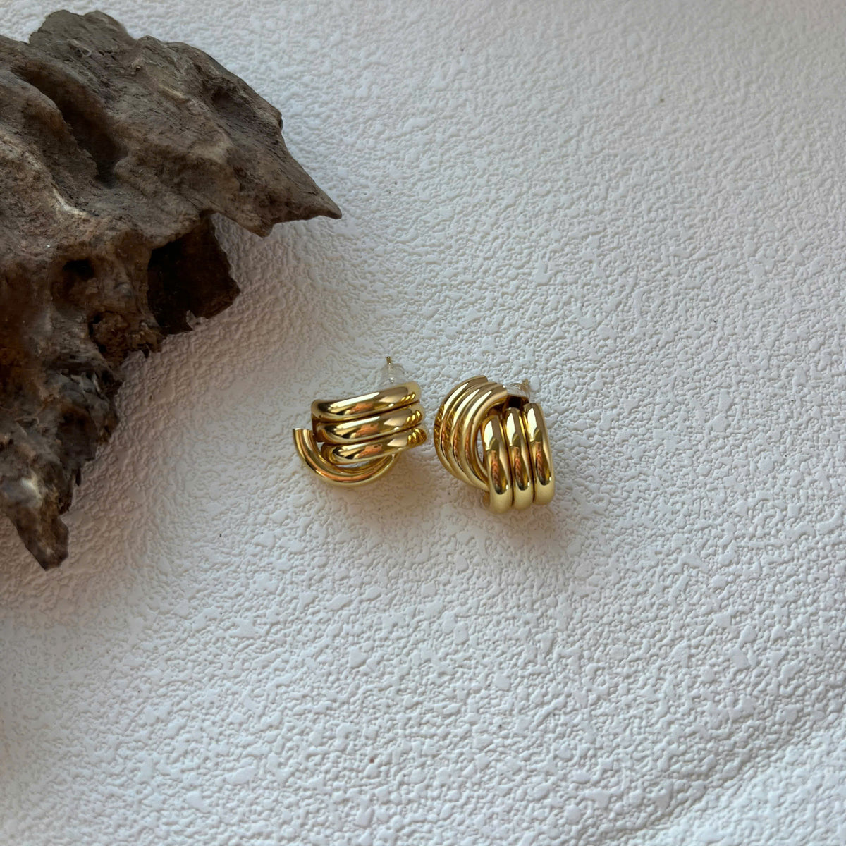 Chunky Ribbed Stud Earrings, Gold Silver Layered Earrings
