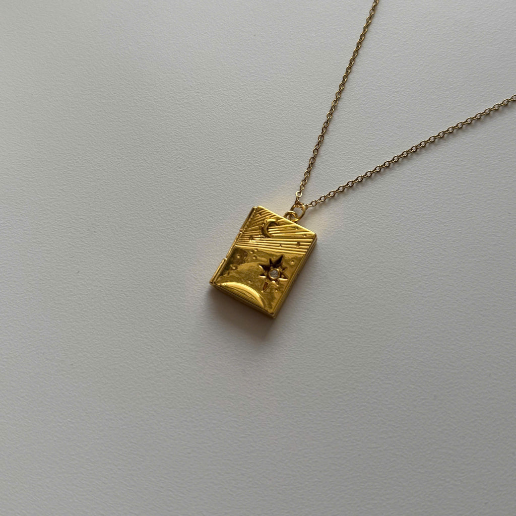 18K Gold Plated Celestial Locket Necklace, Moon Star Pendant