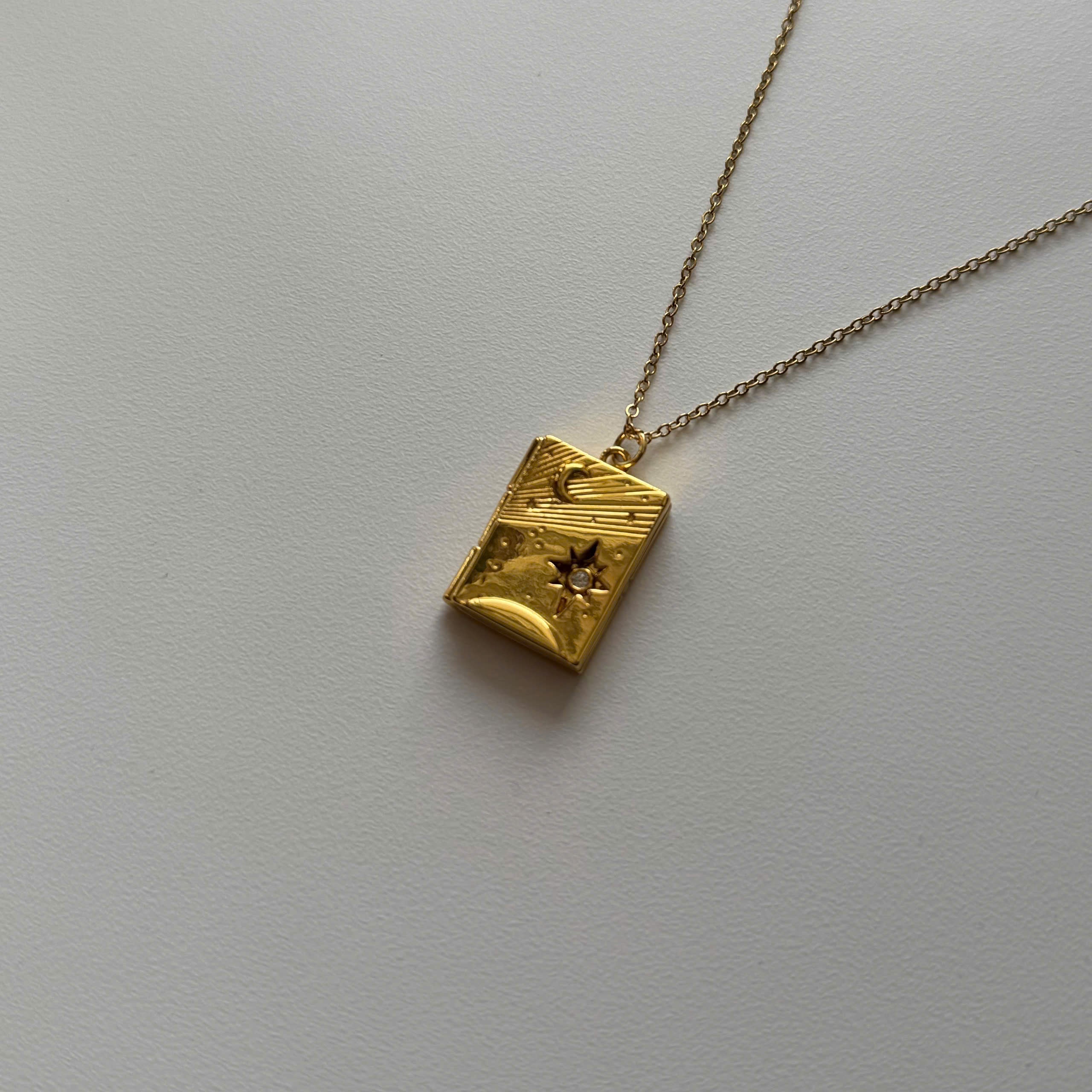 18K Gold Plated Celestial Locket Necklace, Moon Star Pendant