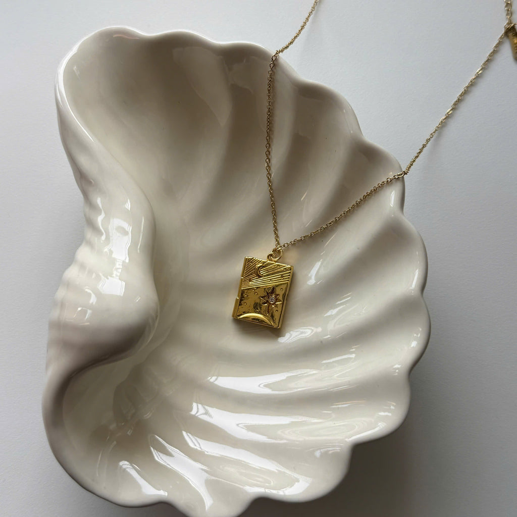 18K Gold Plated Celestial Locket Necklace, Moon Star Pendant