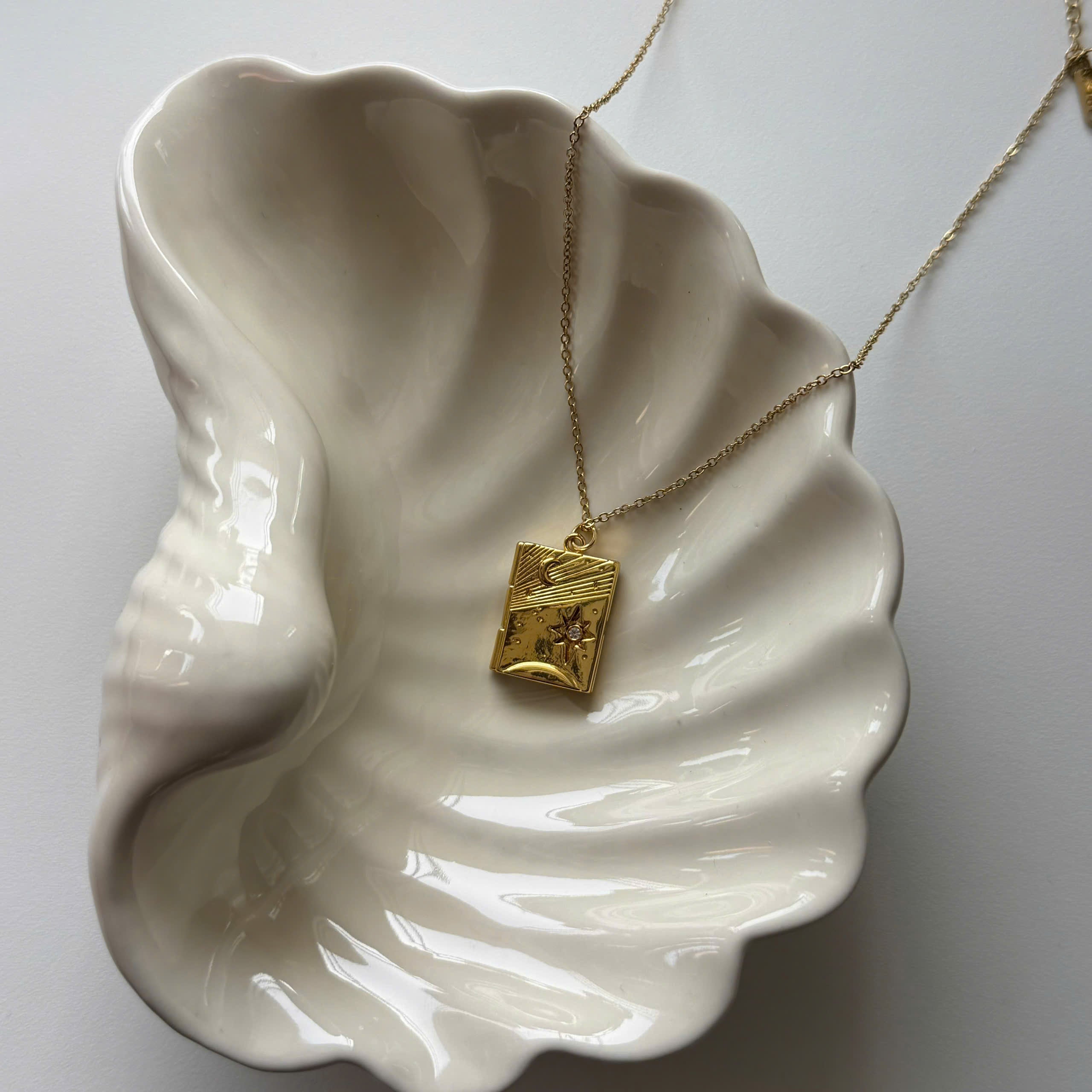 18K Gold Plated Celestial Locket Necklace, Moon Star Pendant