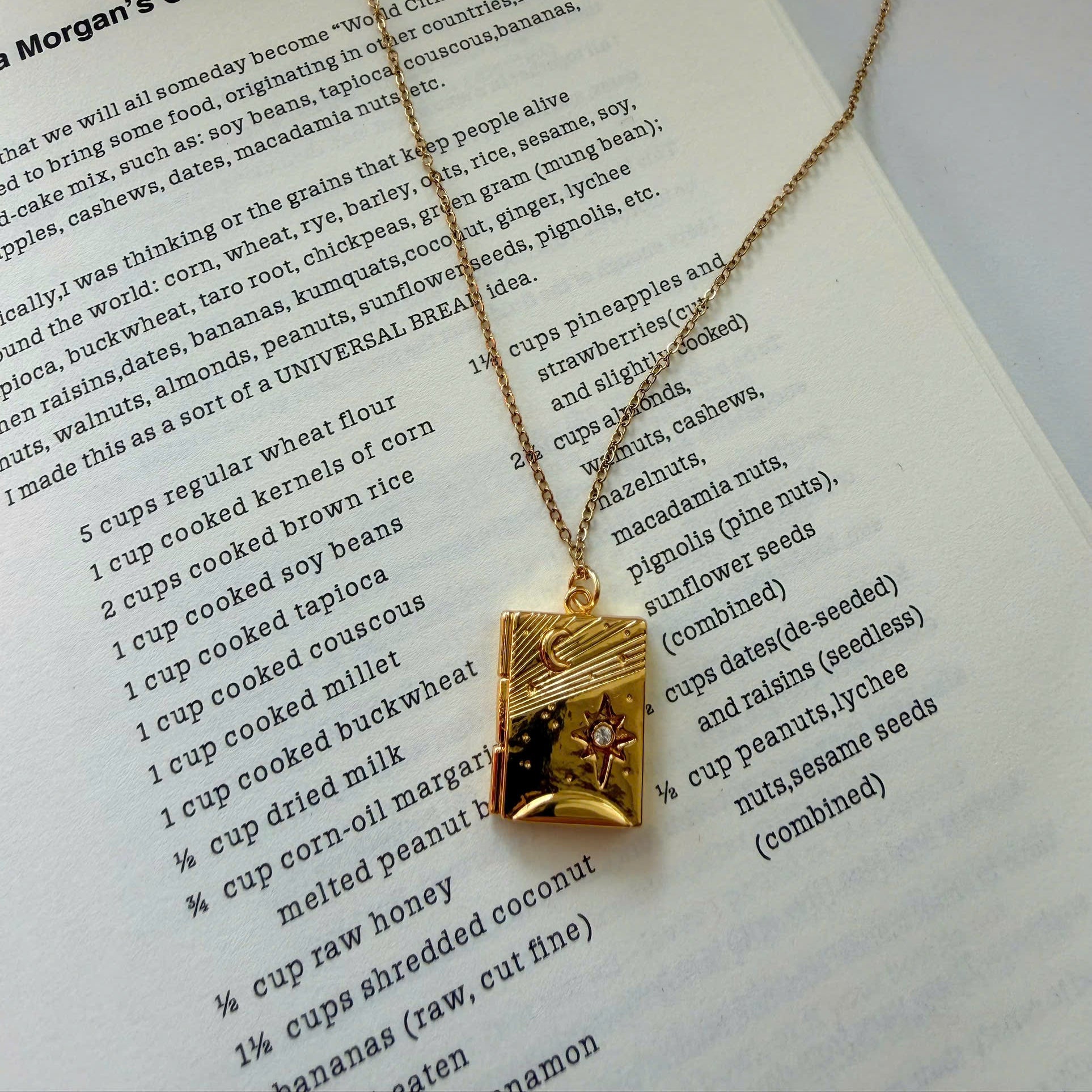 A gold-toned necklace with a rectangular pendant featuring a sunburst design and the text 'Morgan's Global Bread Cake' printed on it, displayed on an open book page.