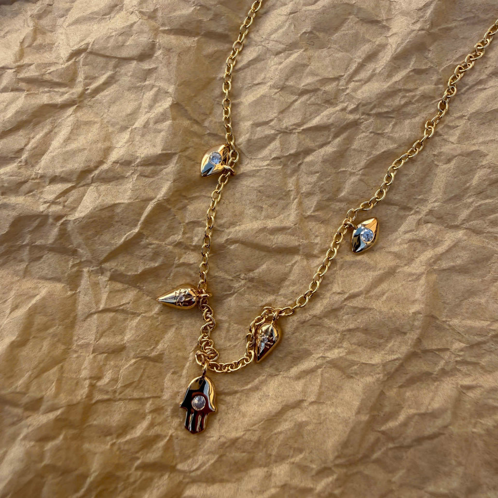 Gold Hamsa Hand Evil Eye Charm Necklace, Spiritual Protection Jewelry