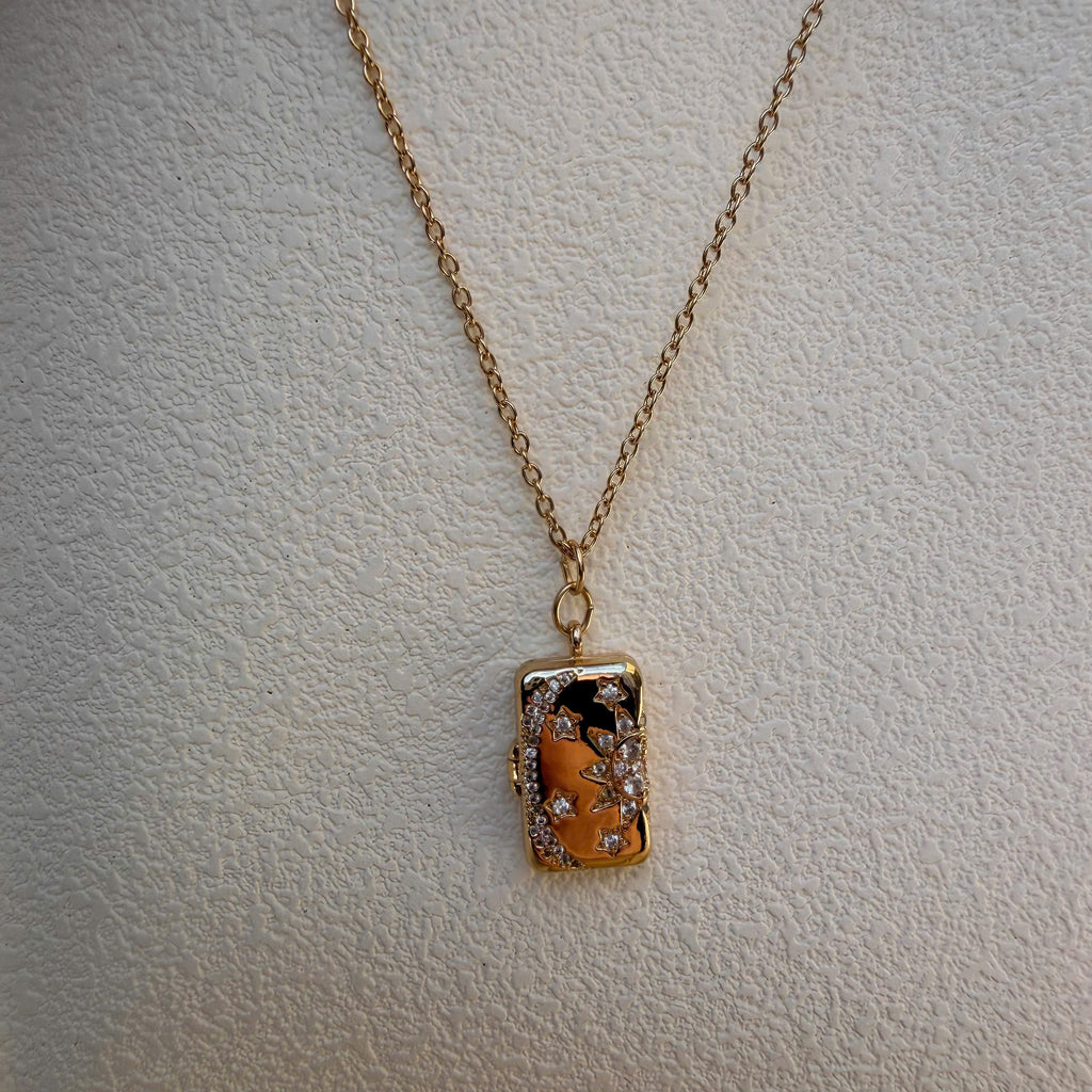 Celestial Book Locket, Gold Star Moon Necklace