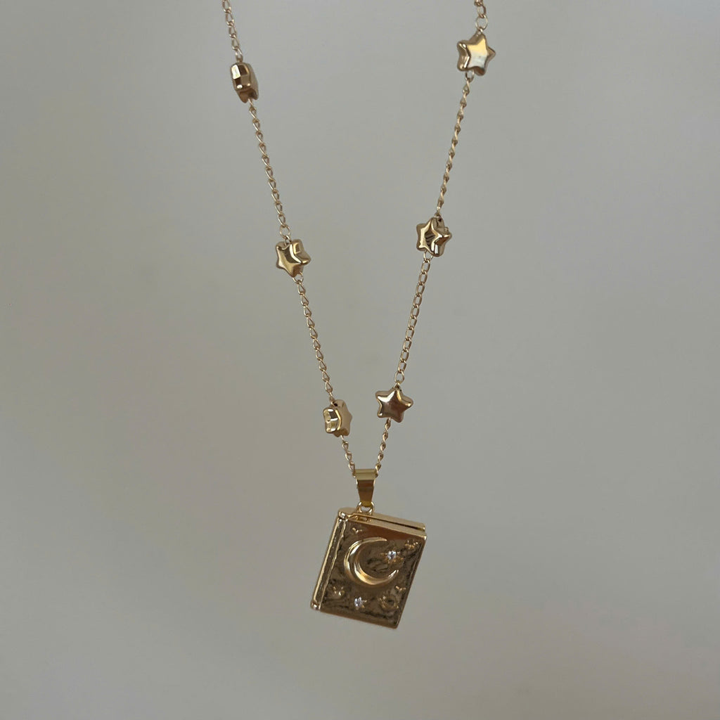 Gold Celestial Locket Necklace, Moon and Star Necklace