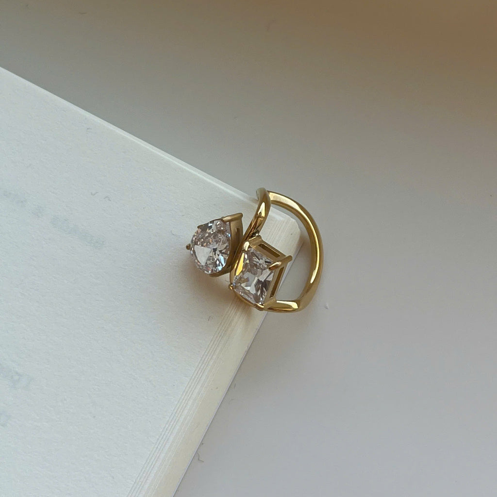 Double Crystal Open Ring Gold, Minimalist Statement Ring