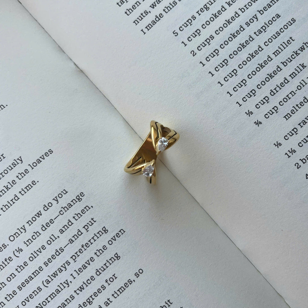 Minimalist Double Stone Open Ring Gold, Adjustable Statement Ring