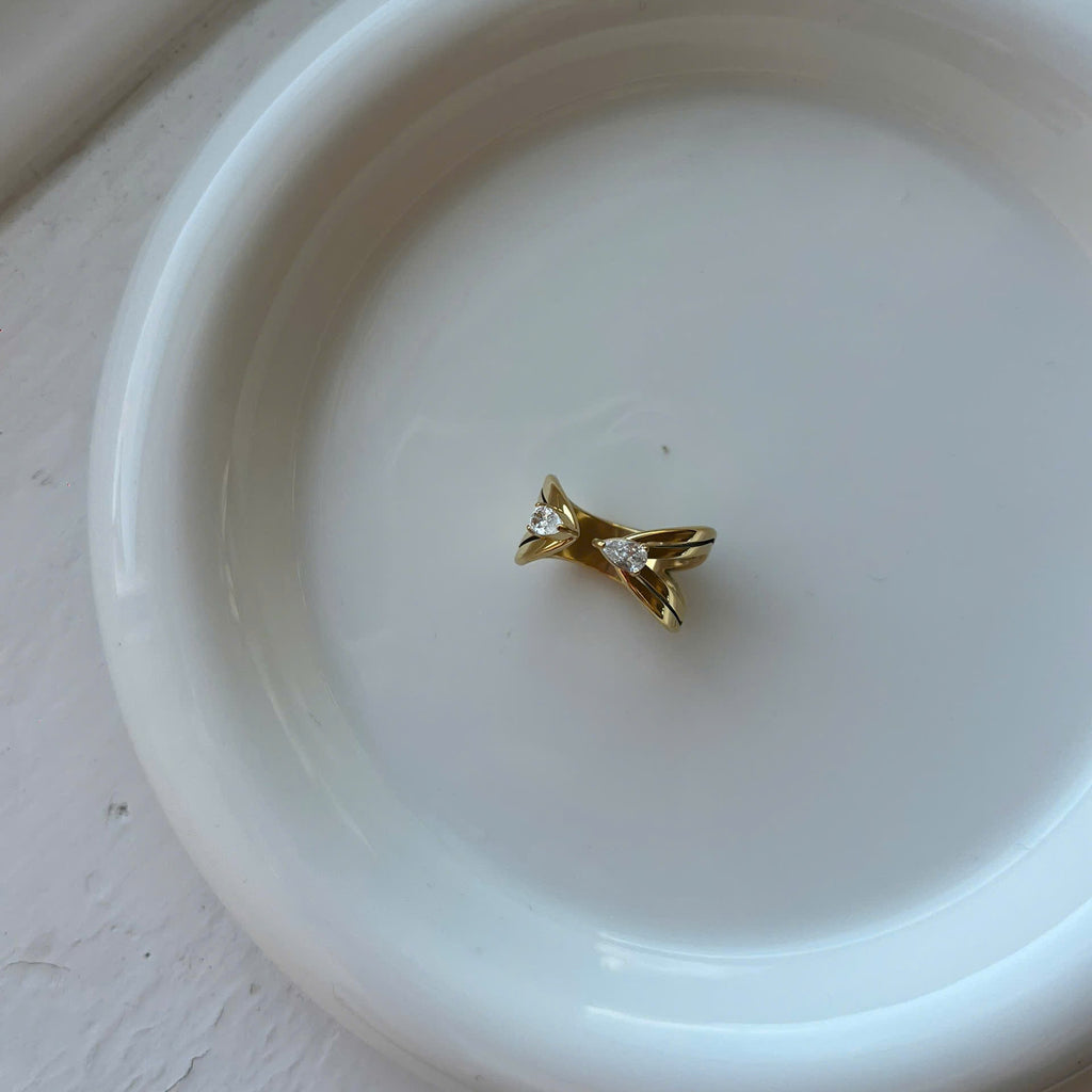 Minimalist Double Stone Open Ring Gold, Adjustable Statement Ring