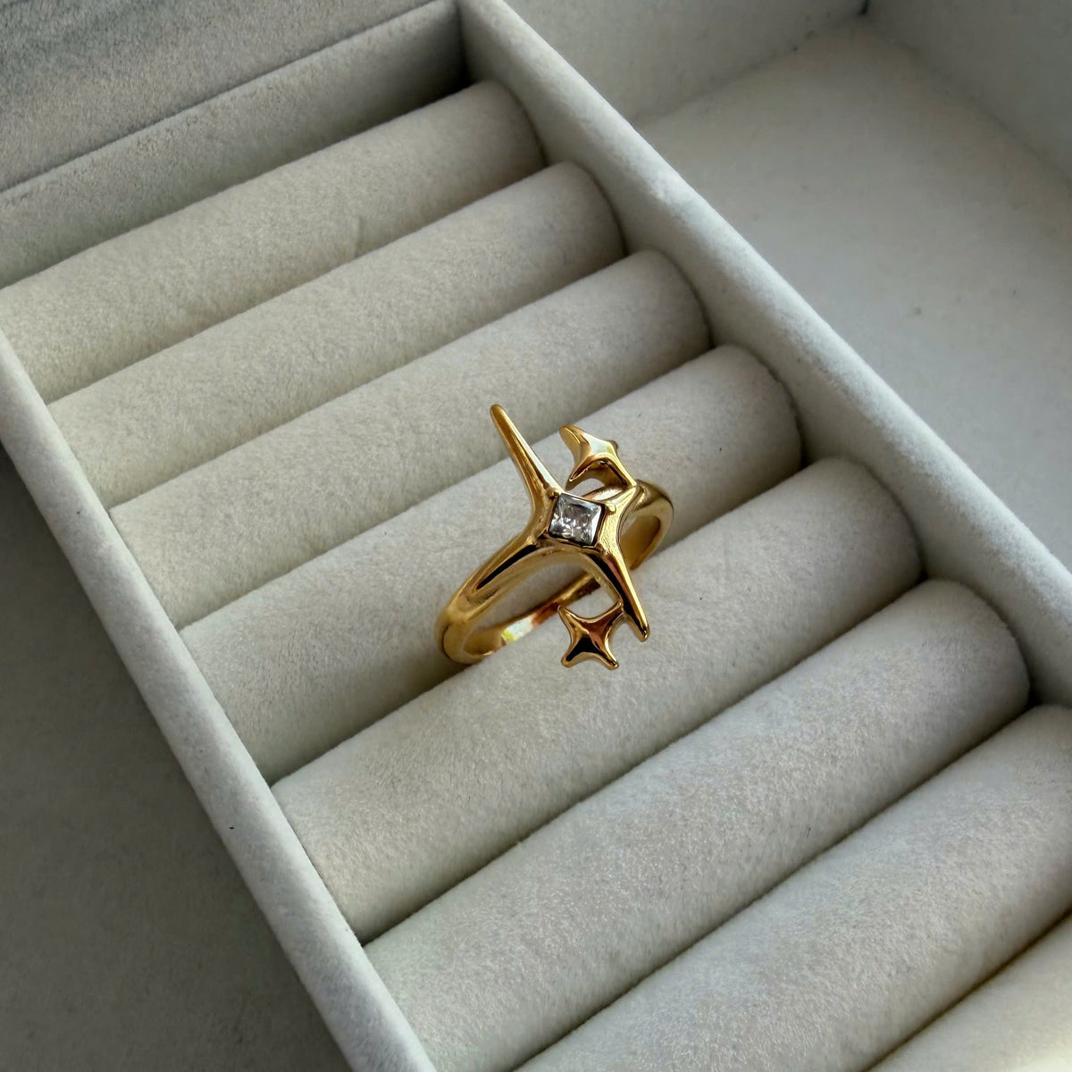 Celestial Starburst Ring Gold, Crystal Statement Ring
