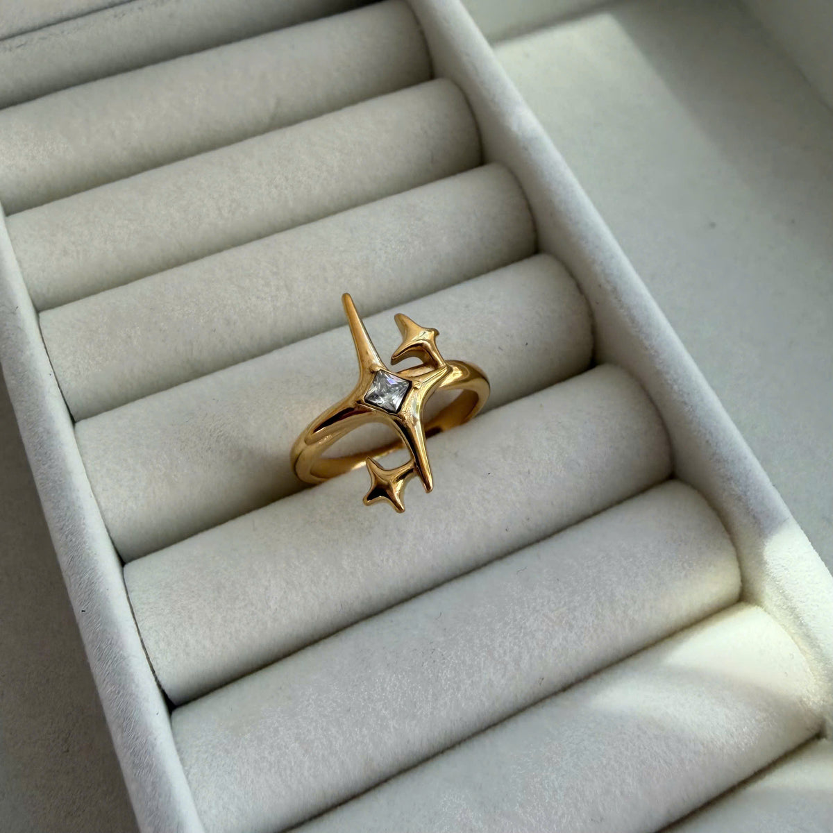 Celestial Starburst Ring Gold, Crystal Statement Ring