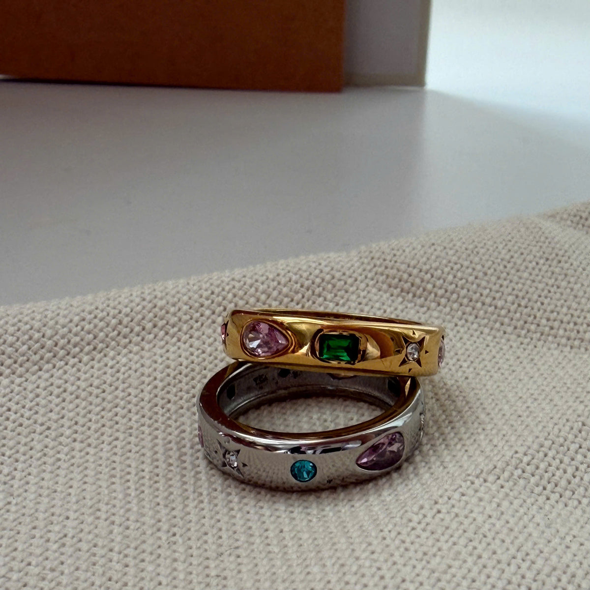 Gold Gemstone Band Ring, Colorful Crystal Ring, Chunky Gold Ring