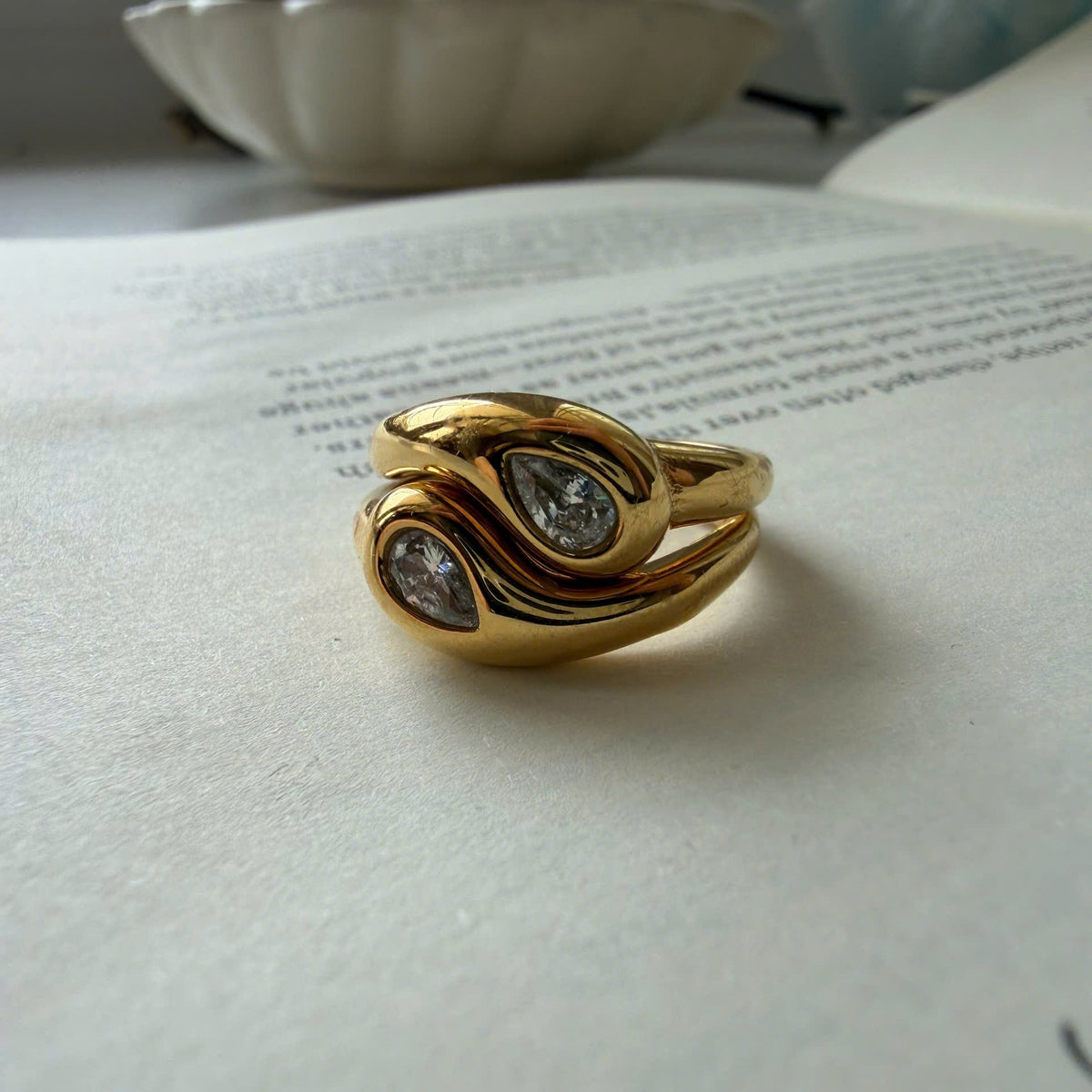 Convertible Gold Wave Ring Set, Stackable Pear Stone Rings