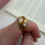 Convertible Gold Wave Ring Set, Stackable Pear Stone Rings
