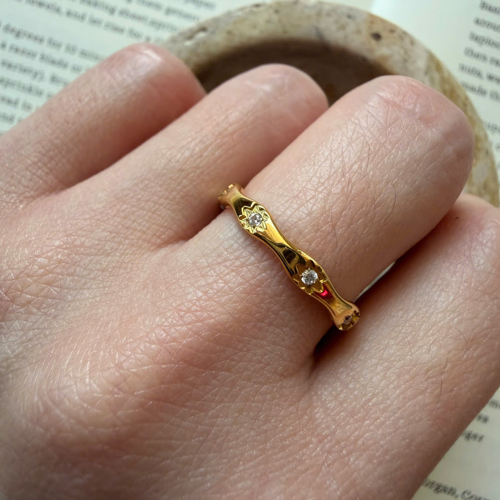 Gold Wavy Star Ring, 18K Plated Celestial CZ Band