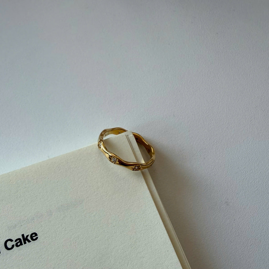 Gold Wavy Star Ring, 18K Plated Celestial CZ Band