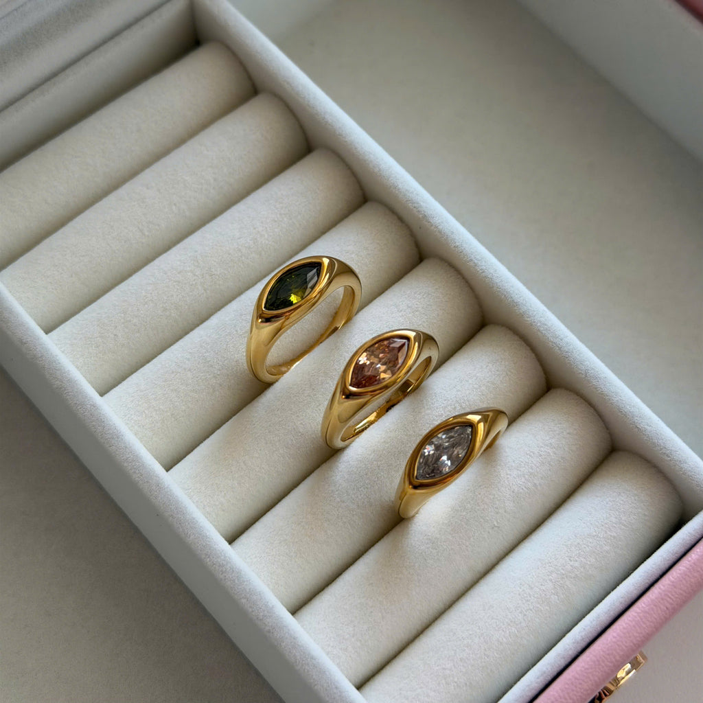 Gold Marquise Gemstone Ring, Minimalist Statement Stackable Band
