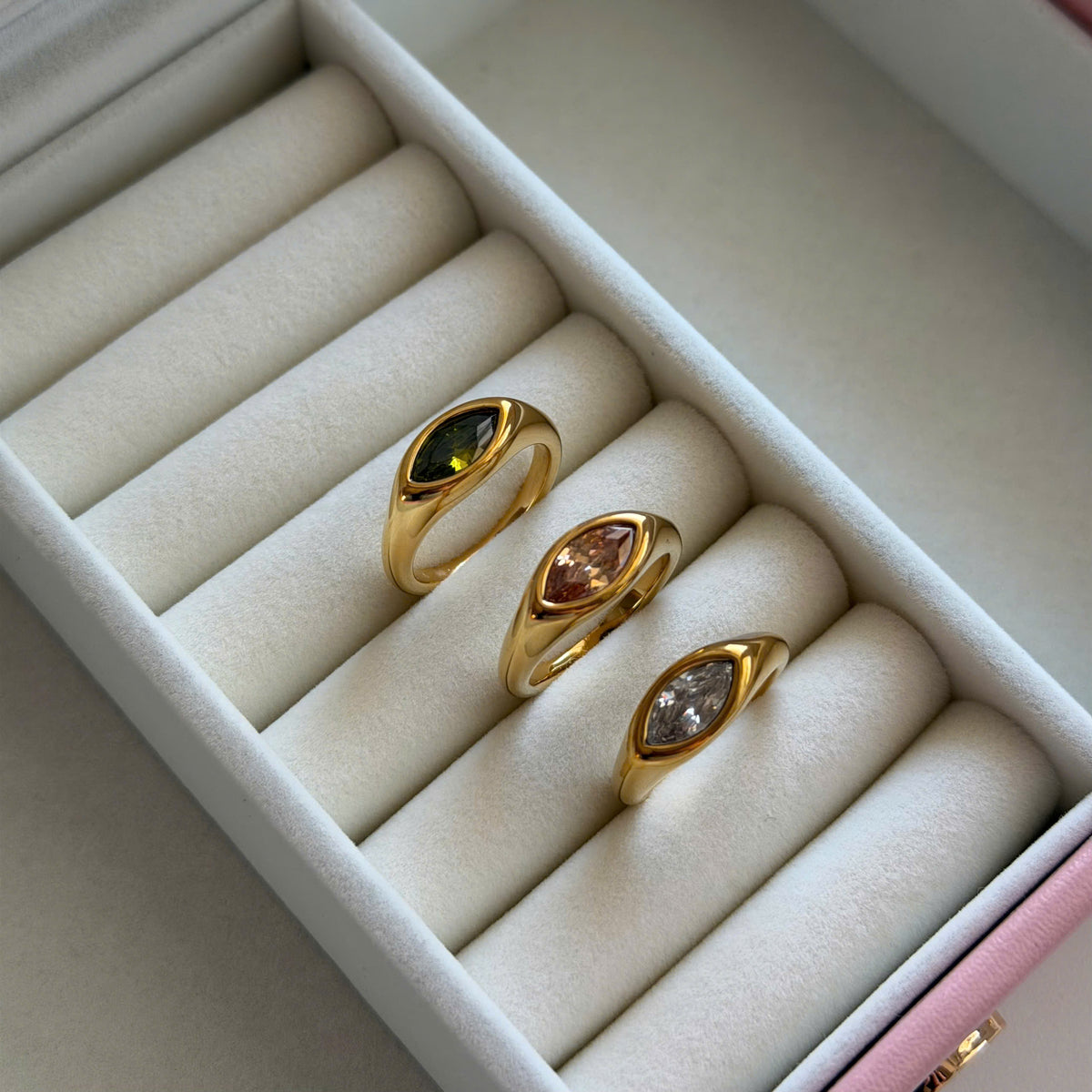 Gold Marquise Gemstone Ring, Minimalist Statement Stackable Band
