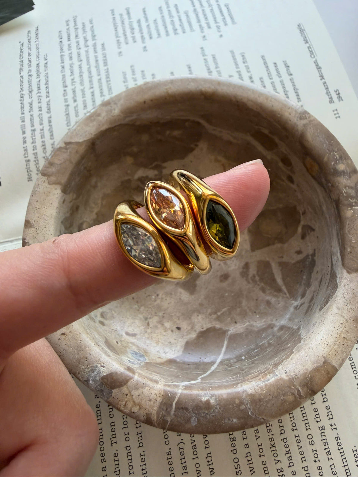 Gold Marquise Gemstone Ring, Minimalist Statement Stackable Band