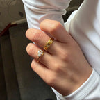A close-up of a person's hand wearing two gold rings: one with a pear-cut clear gemstone and the other with a textured gold band, set against a white long-sleeve shirt and an indoor background.