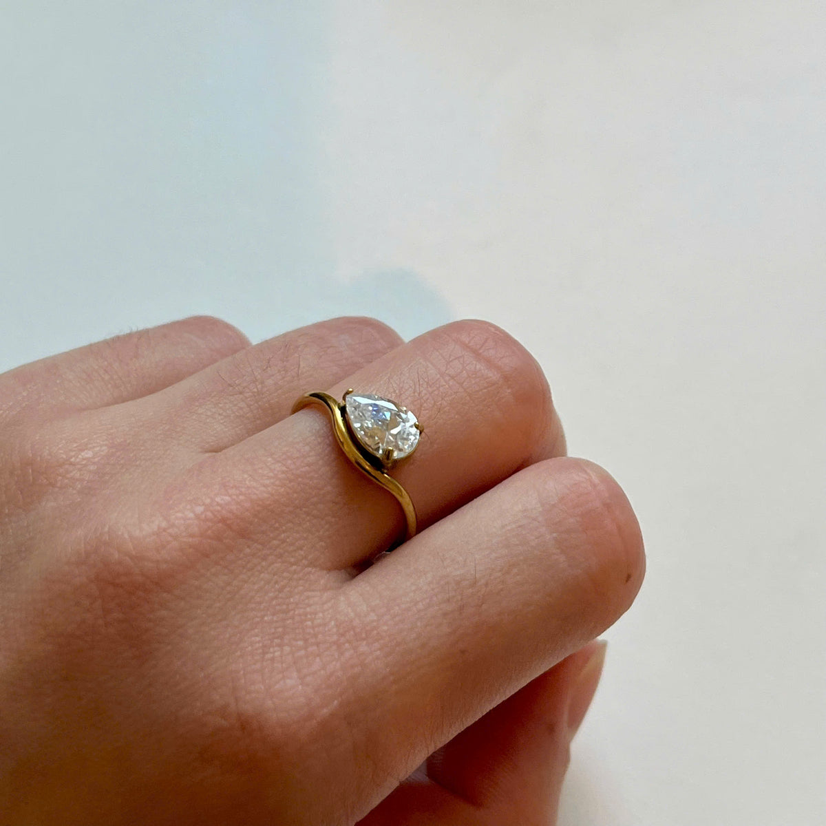 Pinky Ring - Stunning Pear Cut Wave Solitaire Ring - 18k Gold Plated Engagement Gift