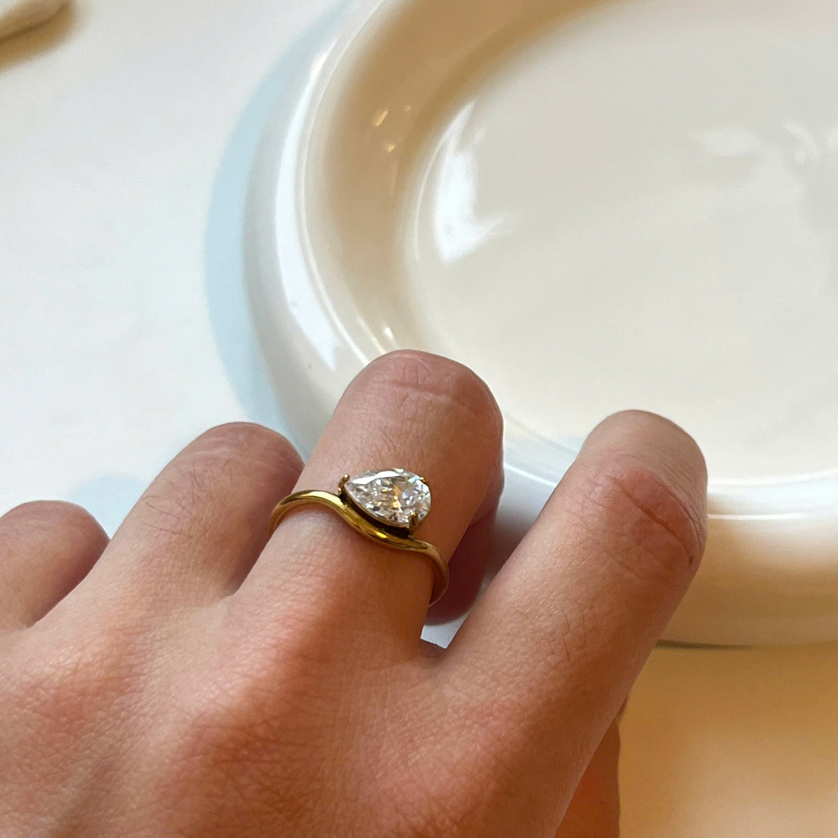 Pinky Ring - Stunning Pear Cut Wave Solitaire Ring - 18k Gold Plated Engagement Gift