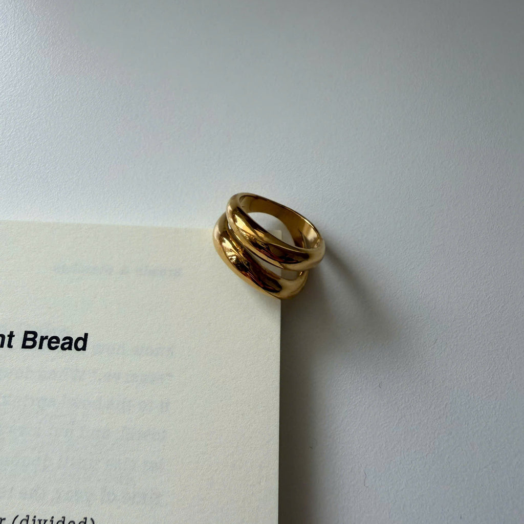 A gold double-band ring with a polished, reflective finish resting on the corner of an off-white book page against a neutral gray background.