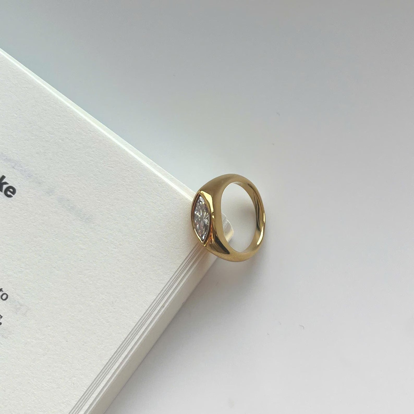 Gold Marquise Crystal Ring, 18K Gold Plated Bezel Set Ring