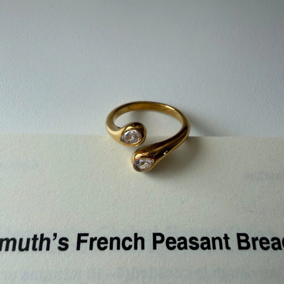 Adjustable Open Band Gold Wrap Ring with Pear Crystal