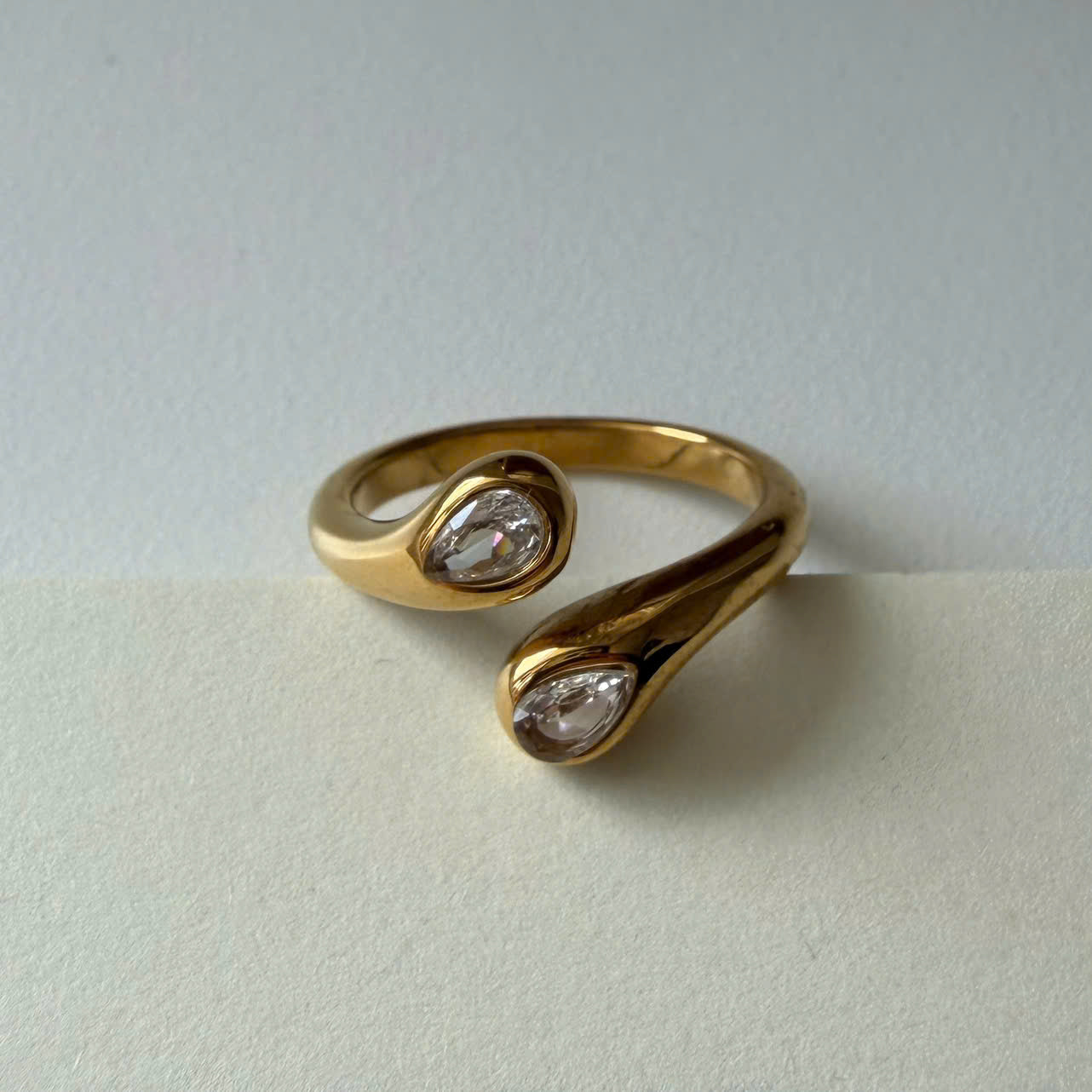 Adjustable Open Band Gold Wrap Ring with Pear Crystal